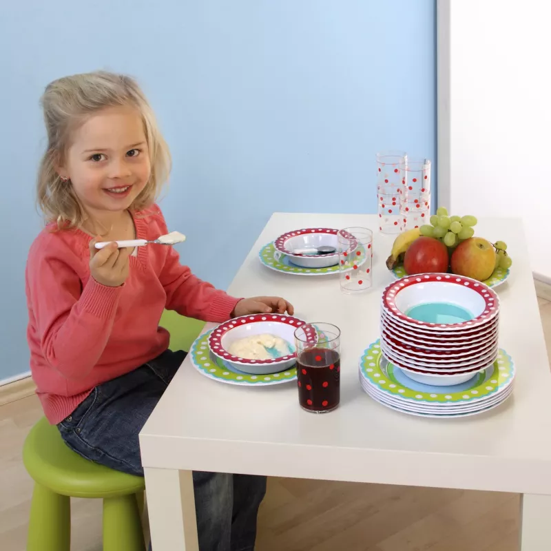 Kinderetisch, Geschirrset, Möbelset, Obstteller, Becher mit Punkten