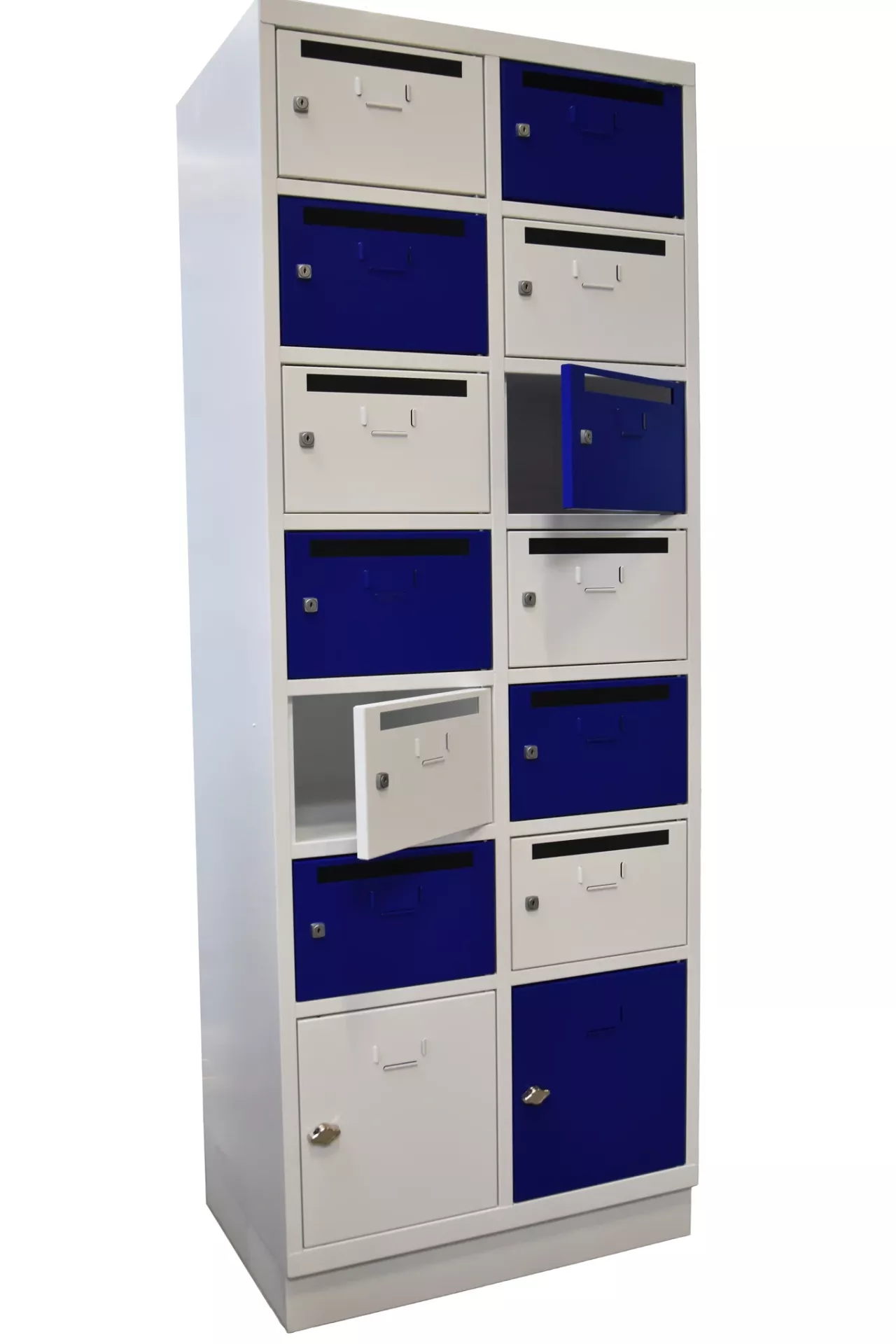 Schließfächer, Aufbewahrungsschrank, Schubladen, Metall, blau-weiß
