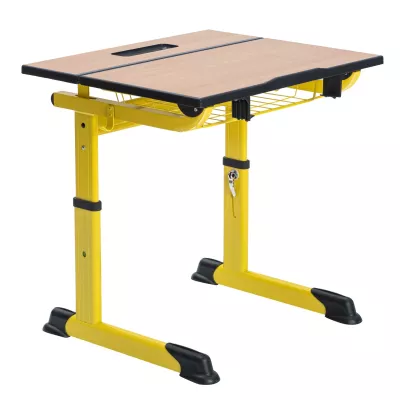 Schreibtisch, Schülerarbeit, Klemm-/Schlepptisch, Metallstuhl, gelb