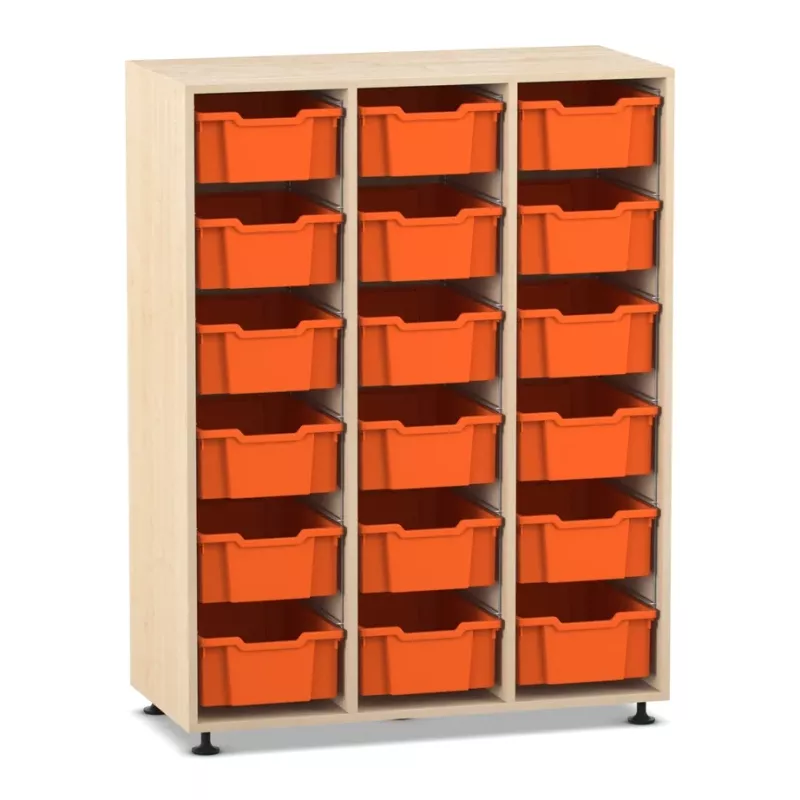 Schranksystem, Aufbewahrungsschubladen, orange Boxen, Holzkorpus, Stauraum