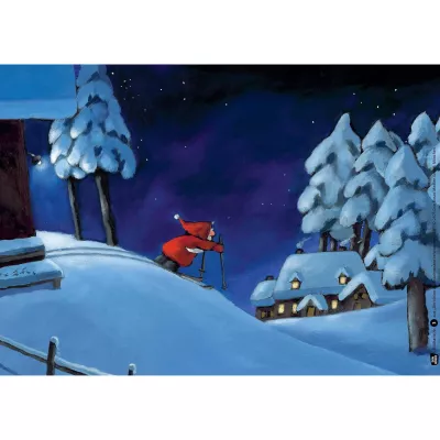 Schneelandschaft, Skifahrer, Nachthimmel, Schneehäuser, Baumgruppe