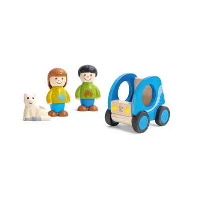 Holzspielzeug, Spielzeugauto, Kinderfigur, Hundfigur, Holzwagen