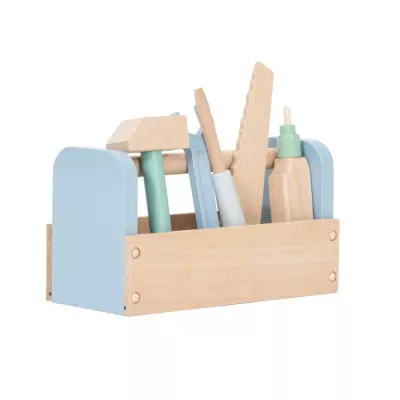 Holzspielzeug, Werkzeugset, Kasten, Naturholz, Pastell-blau