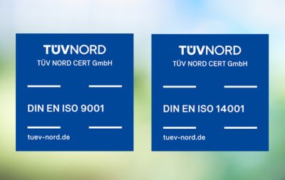 Zertifikat, blaues Quadrat, tuv nord, iso 9001, iso 14001