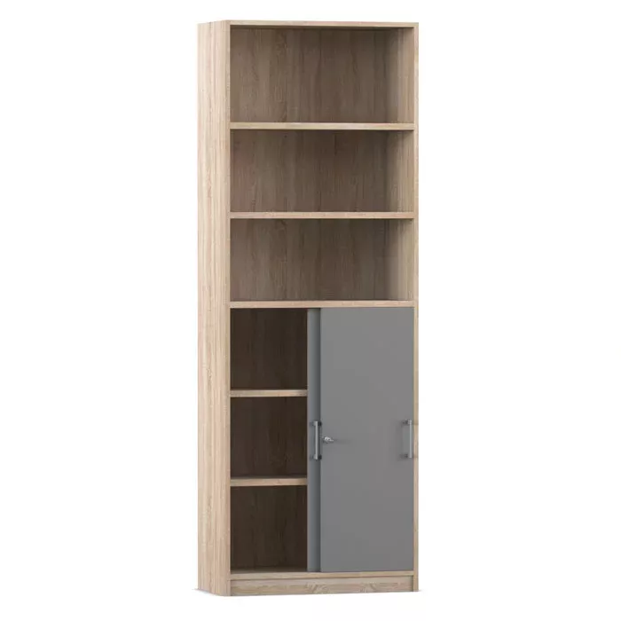 bookshelf, storage, cabinet, wood, gray door