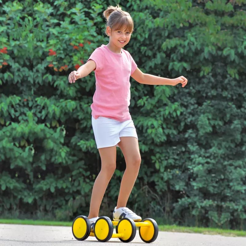 Play scooter, Kids scooter, Pink t-shirt, White shorts, Outdoor activity