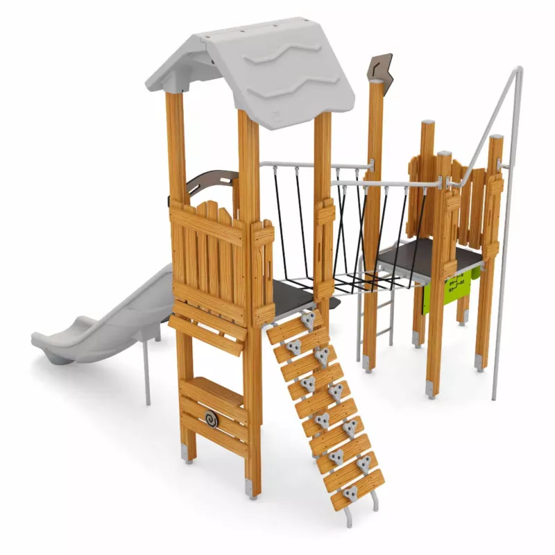 Klettergerüst, Spielturm, Wippenleiter, Schaukel, Rutsche