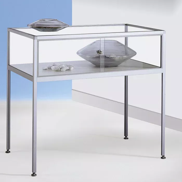 Beistelltisch, Glasvitrine, Metallrahmen, Glasplatte, Hinterglasvitrine