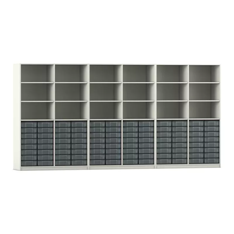 Wandmontagene Aufbewahrung, offene Regale, graue Schubladen, modulares Schrank System, Organisationssystem