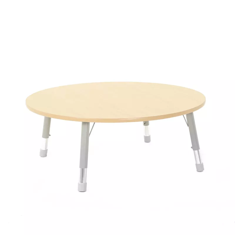 runder_tisch, holz, heller_farbton, verstellbare_beine, minimalistisch