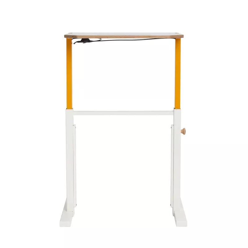 Stehpult, Holzplatte, Orange Säulen, Weißes Gestell, verstellbare Höhe