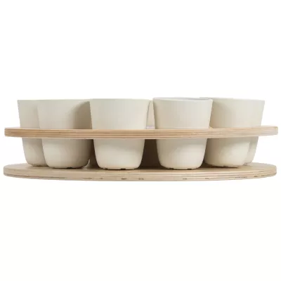 Teller-Set, Kaffeetassen, Holzständer, cremefarben, Becher-Set