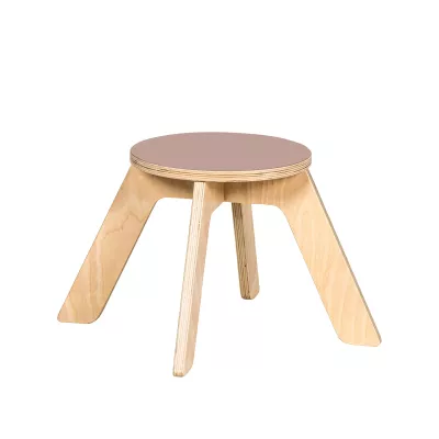 Hocker, Holz, runder Top, drei Beine, Mehrschichtplattenlage