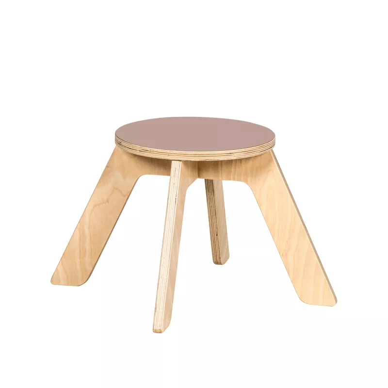 Hocker, Holz, runder Top, drei Beine, Mehrschichtplattenlage