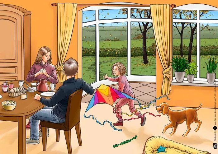 Küche, Familie, Drachenkite, Hund, Spielzeug