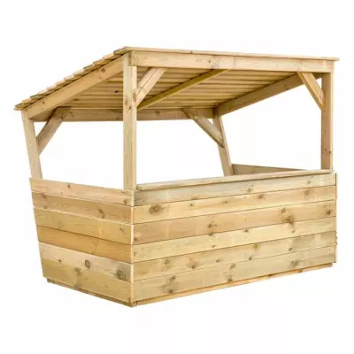 Holzbau, Holzbohlen, Holzstand, offener Stand, Marktkiosk
