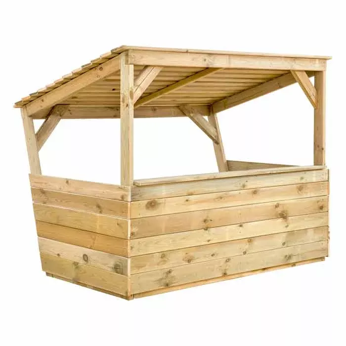 Holzbau, Holzbohlen, Holzstand, offener Stand, Marktkiosk