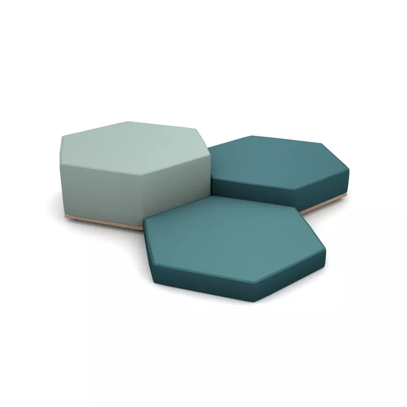 modularer couch, sechseckige formen, tealfarbene Farbe, Sesselgruppe, Holzunterlage
