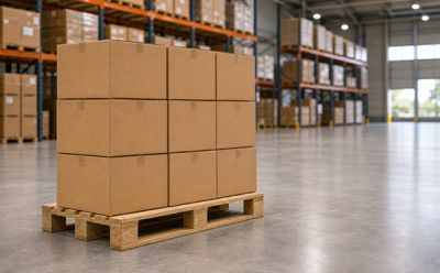 Paletten, Kartonboxen, Lager, Gepackte Boxen, Palettenstapler?