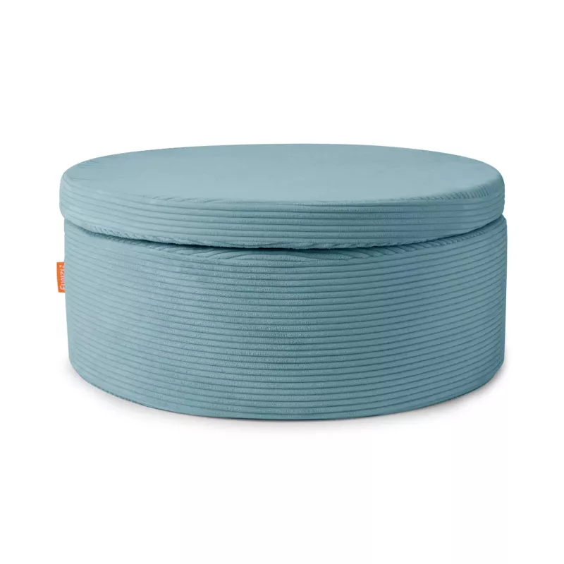 runder pouf, blau, weicher stoff, texturiert, tragbar speicher