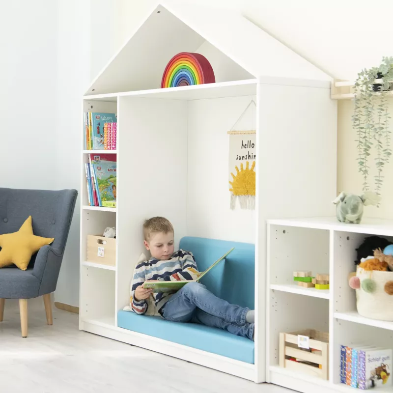 Kinderleseecke, Kinderzimmer Möbel, Bücherregal, Spielhaus, Sitzbank