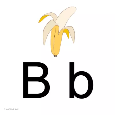 Lernposter, Buchstabe B, Banane, Alphabet, gelbe Illustration