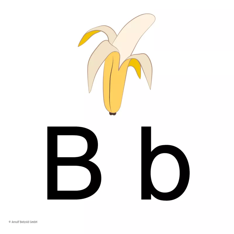 Lernposter, Buchstabe B, Banane, Alphabet, gelbe Illustration