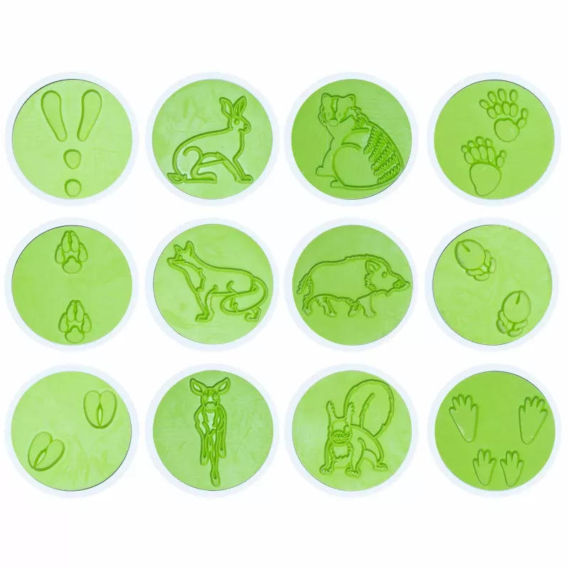 frisbee, coaster, puzzles, tiered tokens, animal silhouettes