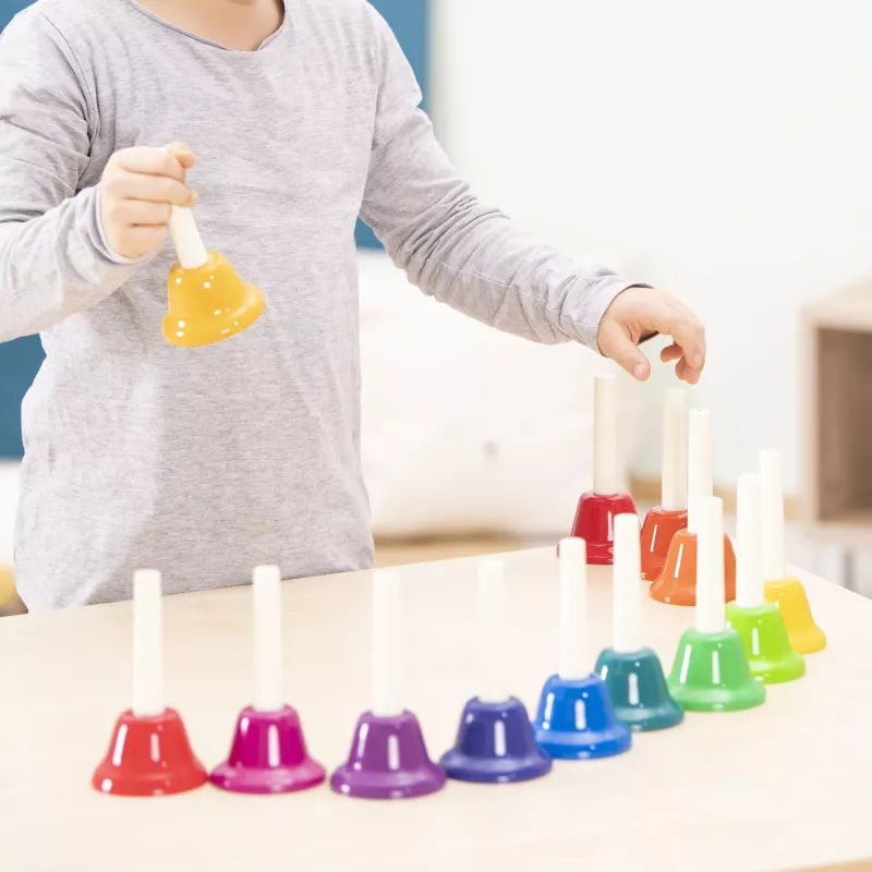 Kinder-Spielholzspiel, Klingel-Stampfer, Bunte Gläser, Sortier-Set, Farbenreihen