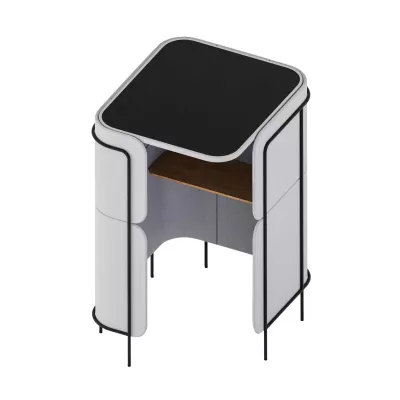 Schreibtisch, kompakter Schreibtisch, schwarze Arbeitsplatte, weiße Paneele, Metallbeine