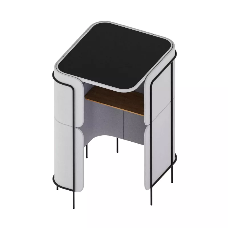 Schreibtisch, kompakter Schreibtisch, schwarze Arbeitsplatte, weiße Paneele, Metallbeine