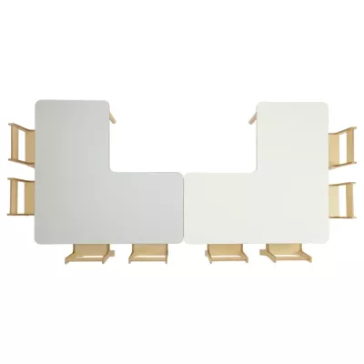 Modularer Schreibtisch, L-förmiger Schreibtisch, weiße Oberfläche, Holzbeine, getrennter Schreibtisch