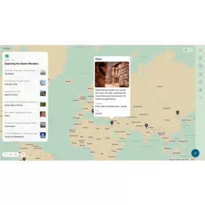 Weltkarte, Kartenoberfläche, Standort-Pins, Reise-App, Textblasen
