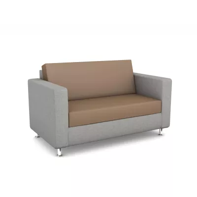 Sofa, Zweisitzer, Beige Lederoptik, Grau Bezug, Holzfüße