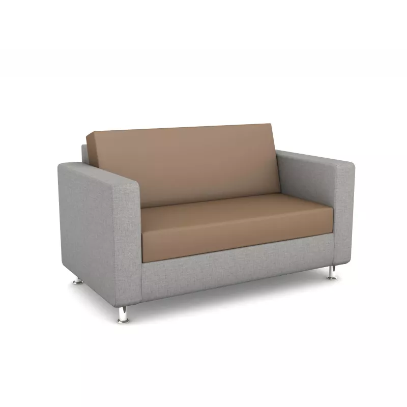 Sofa, Zweisitzer, Beige Lederoptik, Grau Bezug, Holzfüße