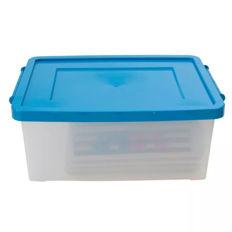 Kunststoffbehälter, Aufbewahrungsbox, Blauer Deckel, Durchsichtiger Körper, Verschlusstaschengriffe