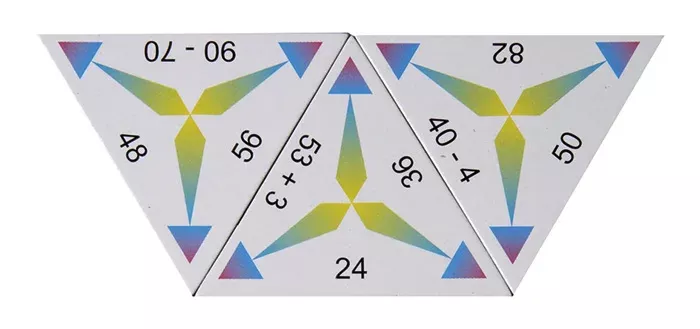 triangular pieces, puzzle tiles, colorful triangles, geometric design, numbers printed
