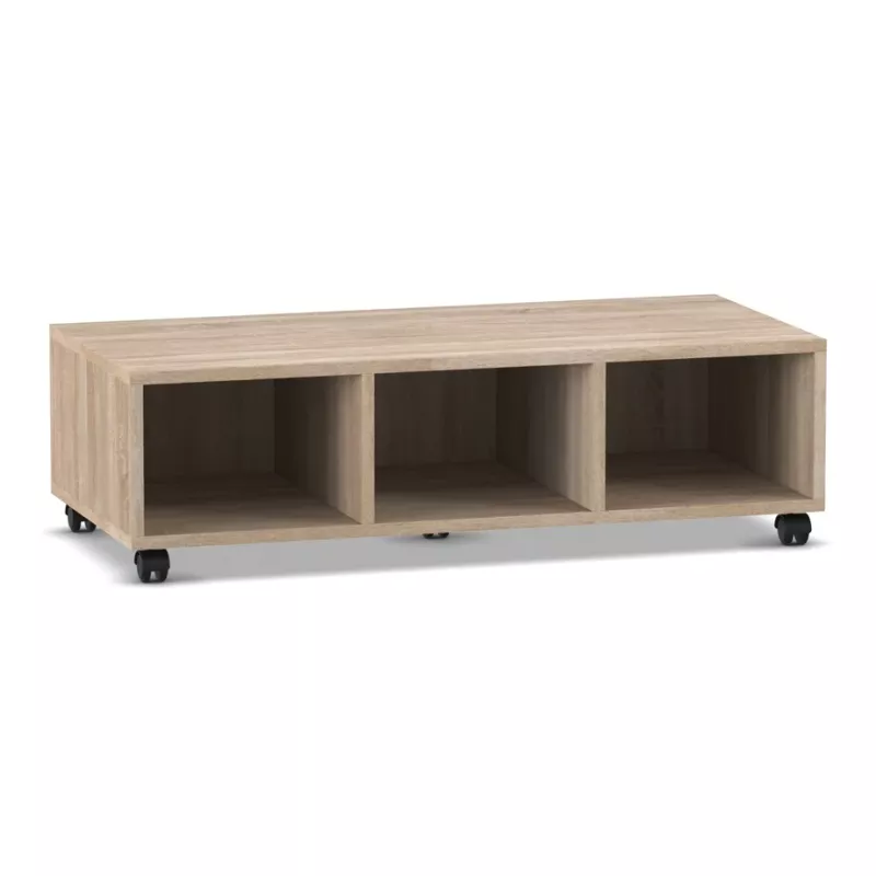 TV-Lowboard, offene Fächer, Holzoptik, Rollen, drei Fächer