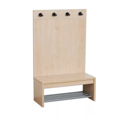 Garderobenhaken, Holzbank, Wandpanel, Metallstangen, Kleiderhaken