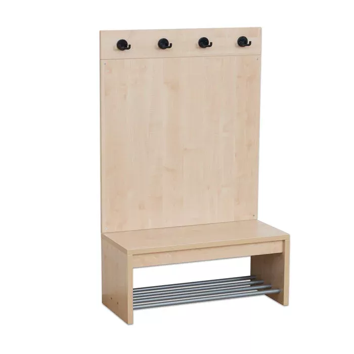 Garderobenhaken, Holzbank, Wandpanel, Metallstangen, Kleiderhaken