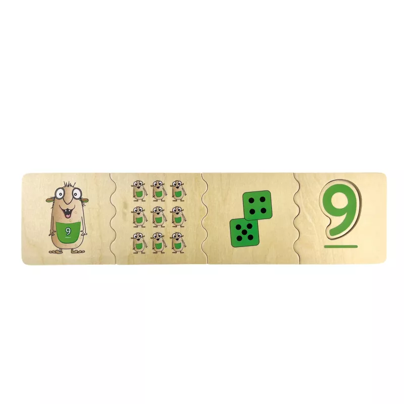 Holzspielzeug, Zahlenspiel, Domino-Block, Drei- bis Neun-Darstellung, Grüner Dieb?