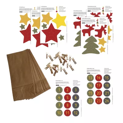 Stern-Aufkleber, Stoff-Schmuck, Weihnachtsdeko, Stoffpflöcke, Karton-Verpackung