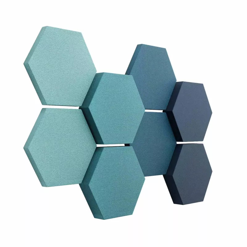 Sechseckige Paneele, Wandverkleidung, Akustikpaneele, Hexagon Muster, Blaugrüne Farben