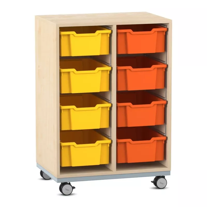 Lagerschrank, mobiler Wagen, gelbe und orange Behälter, Holzrahmen, Rollen