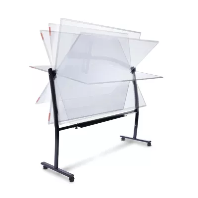 Schwarzes Metallgestell, Transparente Plexiglasplatten, Bewegbarer Präsentationsständer, Akkordeon-Display, Rollbares Gestell