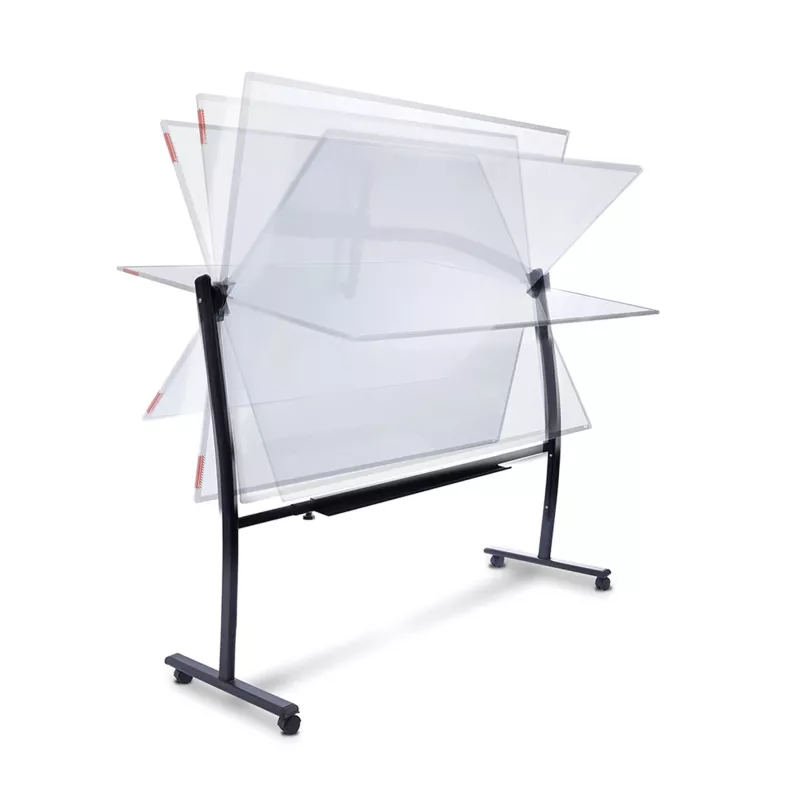 Schwarzes Metallgestell, Transparente Plexiglasplatten, Bewegbarer Präsentationsständer, Akkordeon-Display, Rollbares Gestell