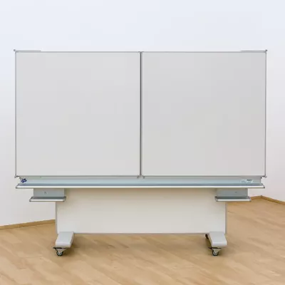 mobile whiteboard, doppel panel, rollunterbau, metallrahmen, höhe verstellbar
