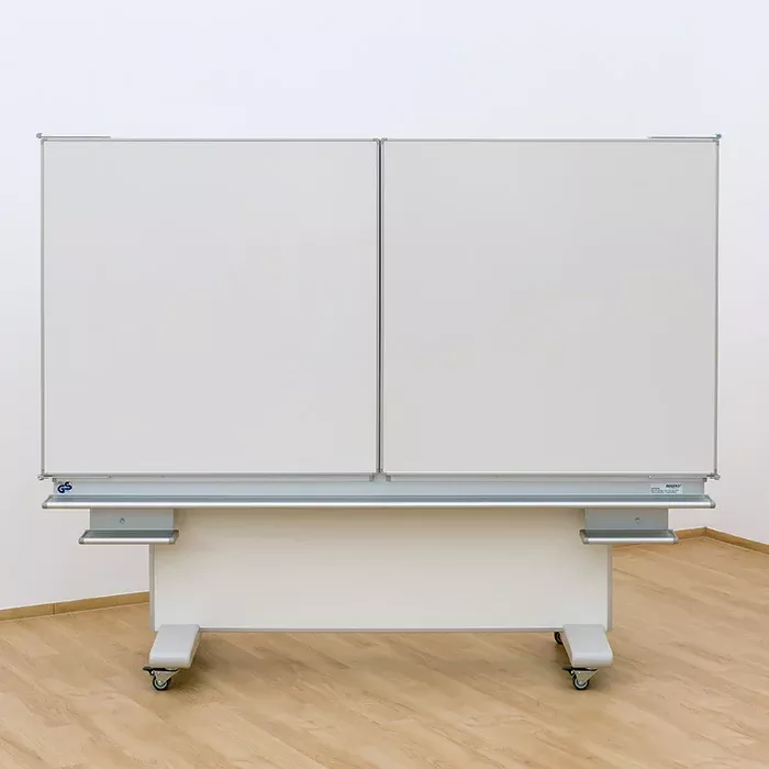 mobile whiteboard, doppel panel, rollunterbau, metallrahmen, höhe verstellbar