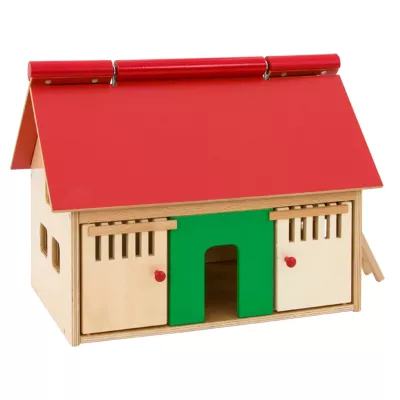 Holzhaus, Spielhaus, Holzspielzeug, Rotes Dach, Grüne Tür