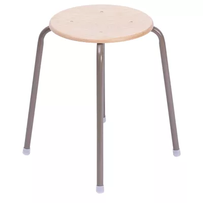 Holzstuhl, Hocker, Rundholzplatte, Metallbeine, Beige/Grau